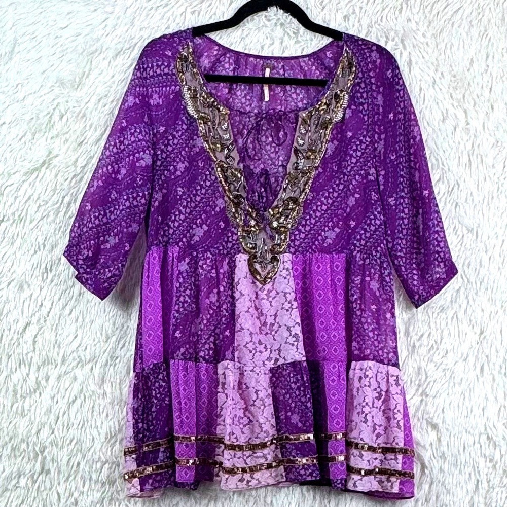 Free People Purple Patchwork Lace Embellished Boho Tunic Mini Dress